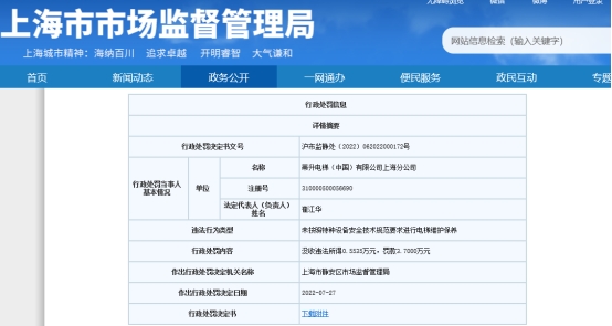 麻将胡了技巧蒂升电梯上海分公司违法被罚 未按照要求维护保养电梯